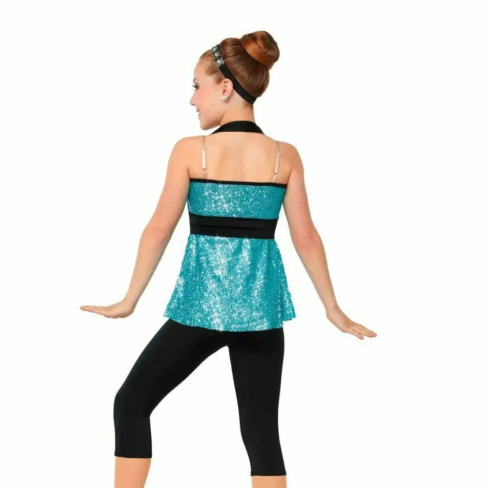 Pre-Owned Dance Costume Jazz Large Child Turquoise Curtain Call Sequin 2 pc Tap